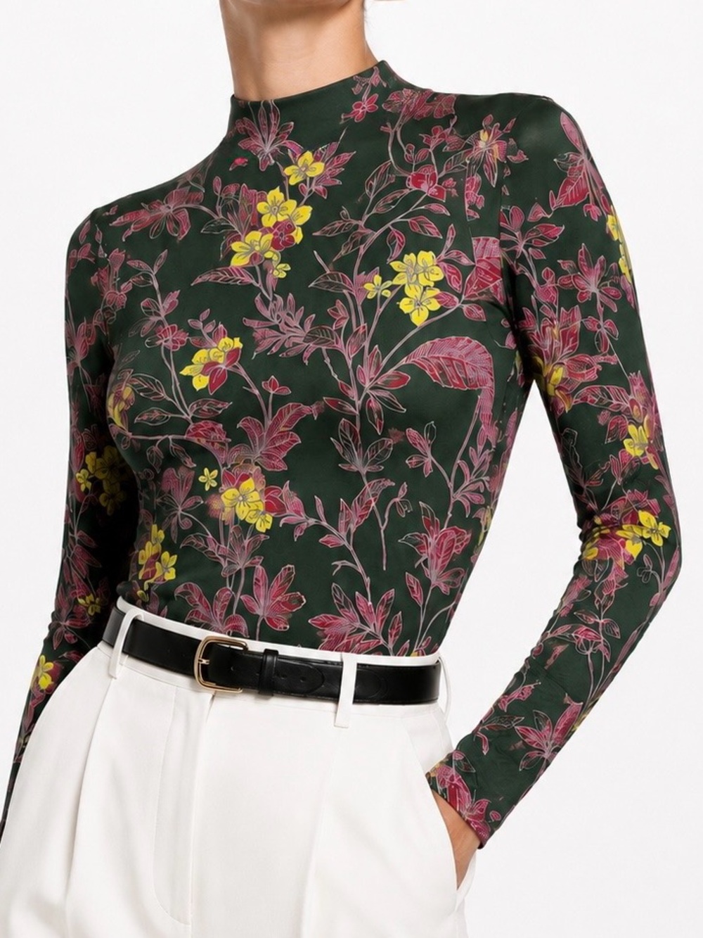 BABATON Aritzia Soft Knit Olive Green & Pink Floral Mock Neck Long Sleeve Top - Picture 1 of 15